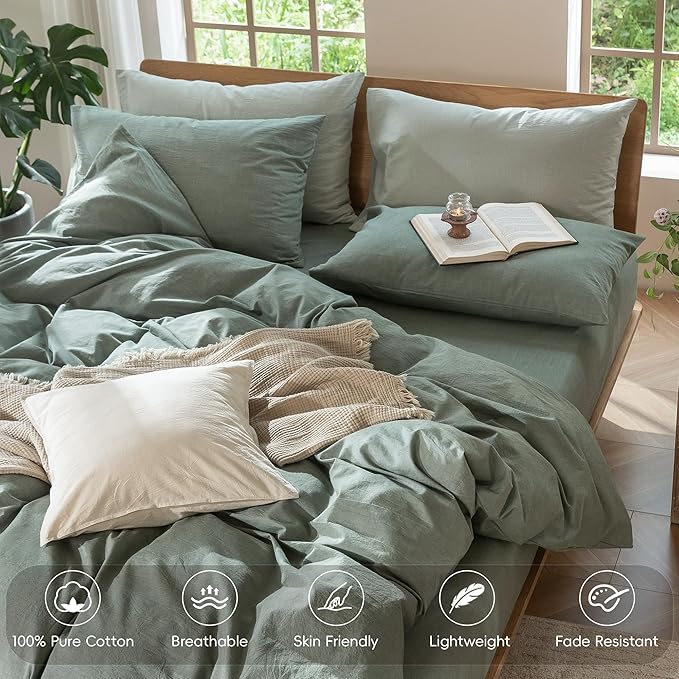 MooMee Bedding Duvet Cover Set 100% Washed Cotton Linen Like Textured Breathable Durable Soft Comfy (Heathered Green, Oversized Full 82"x86")
