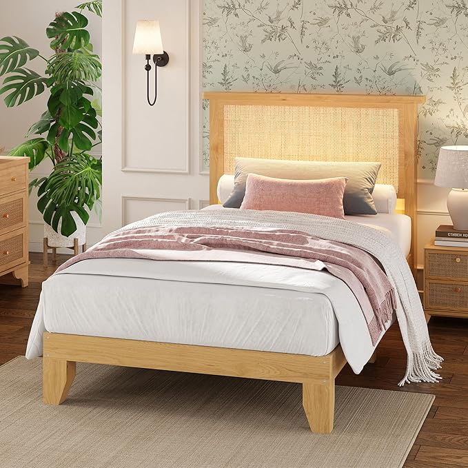 Garvee Twin Rattan Bed Frame, Bohemian Rattan Bed Frame Twin with Natural Headboard, LED Lights, No Box Spring Needed