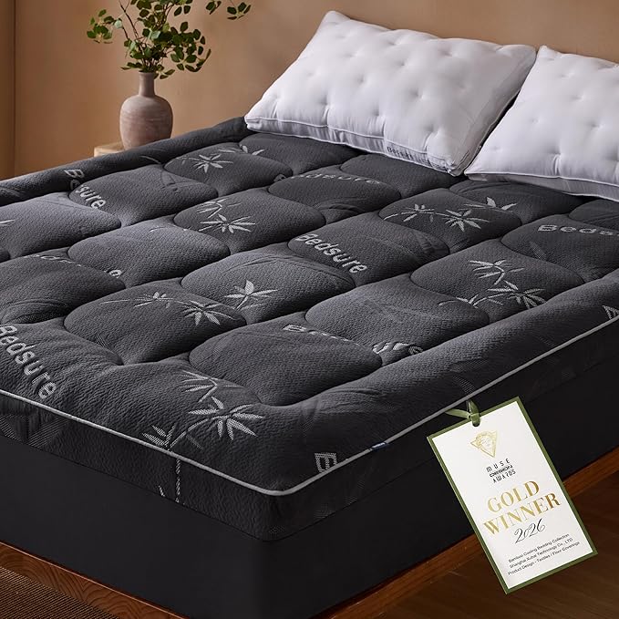 Bedsure Twin Mattress Topper - Viscose Made from Bamboo Ultra Soft Thick Fluffy Pillow Top Mattress Pad with 21 Inch Deep Pocket, Breathable, Moisture Wicking, Black, 39x75 Inch