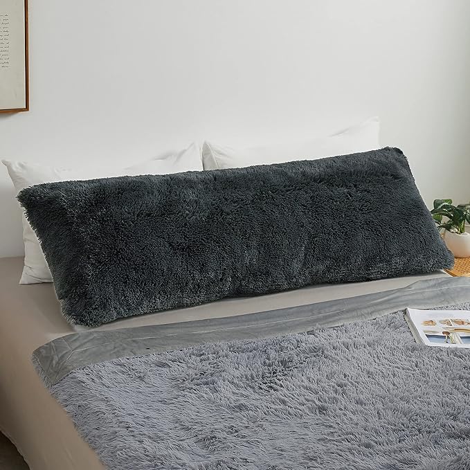 MEGO Shaggy Plush Body Pillow Cover, Grey Faux Fur Fluffy Body Pillowcase, 20x54 Boho Fuzzy Body Pillow Case, Furry Long Big Throw Pillow Sham with Zipper for Home Bedding Couch Living Room Dark Gray