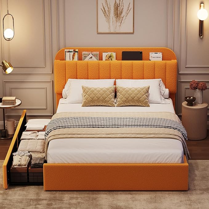 GarveeHome Full Bed Frame with Storage Headboard, Kids Bed Frame with 2 Drawers, Boucle Upholstered Platform Bed with Bookcase, No Box Spring Needed, Easy Assembly, Yellow