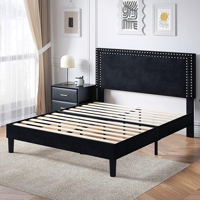 VECELO Full Size Platform Bed Frame with Height Adjustable Upholstered Headboard, Modern Mattress Foundation,Strong Wood Slat Support, No Box Spring Needed, Easy Assembly,Black