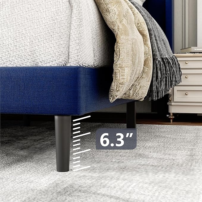Gruwans Twin Size Bed Frame with Upholstered Wingback Headboard, Easy Assemnly Platform Bed, Wooden Slat Support No Box Spring Needed, Navy Blue