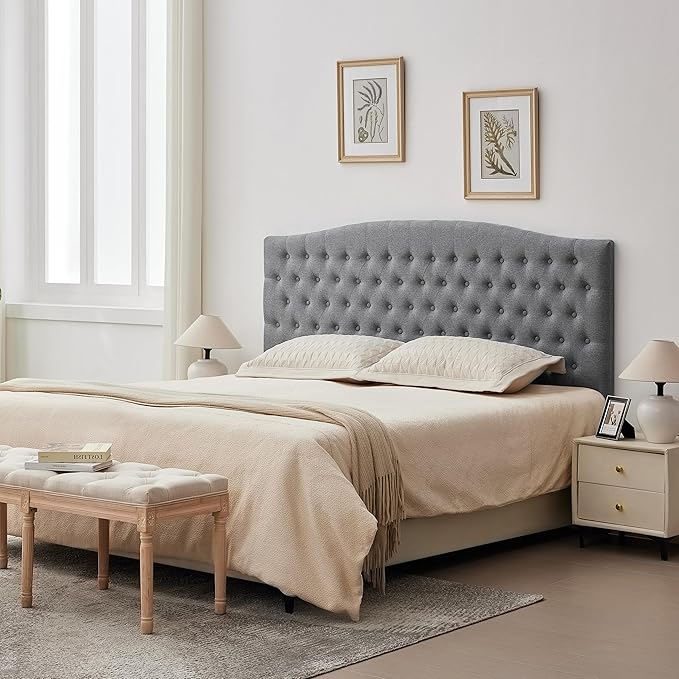 Tufted Upholstered Tall Headboard King Size, Sturdy and Durable Solid Wood Bed headboards, Comfortable Linen Fabric King Headboard Only, Modern Luxury Button Diamond Design Head Board, Grey