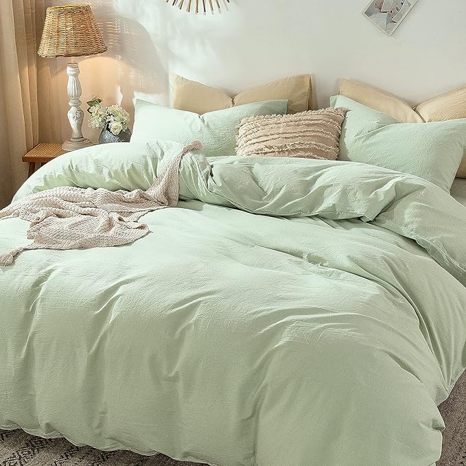 MooMee Bedding Duvet Cover Set 100% Washed Cotton Linen Like Textured Breathable Durable Soft Comfy (Heathered Seaglass Green, King 104"x90")