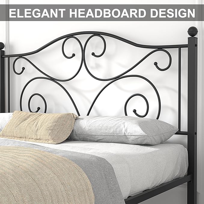 VECELO Queen Size Bed Frame with Headboard and Footboard, Heavy Duty Metal Slat Support, Platform Mattress Foundation, No Box Spring Needed, Easy Assembly, Dark Black