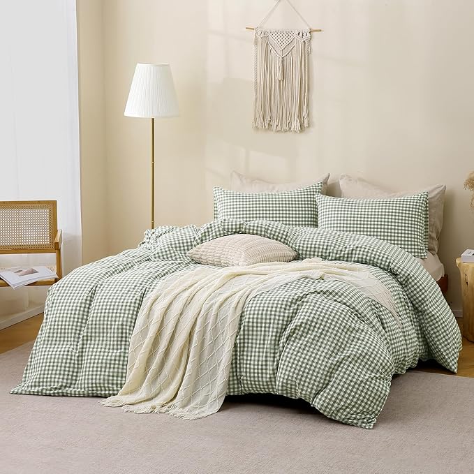 TOCOMOA Green Gingham Duvet Cover Bedding Set 100% Washed Cotton Like Linen Feel Super Soft Comfortable 3 Piece Plaid Checkered Comforter Cover Set (California King 104"x98", Comforter Not Included)