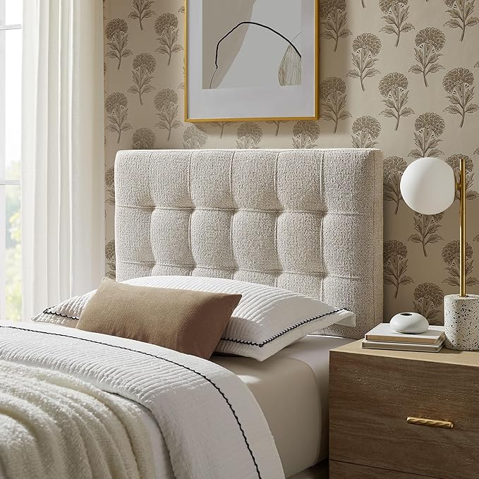 Modway Lily Twin Size Headboard with Biscuit Tufting in Dove - Fabric Upholstery with Padded Design and 5 Height-Adjustable Mounts