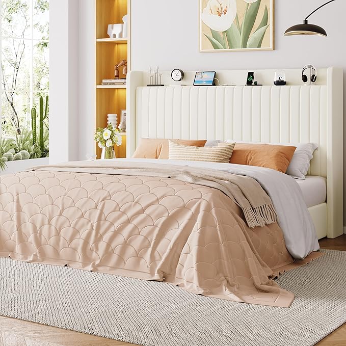 Allewie King Size Lift Up Storage Bed Frame,Storage Shelf Headboard with Charging Station,Type-C and USB Ports,Hydraulic Support,Velvet Upholstered Bed Frame,No Box Spring Needed,Cream