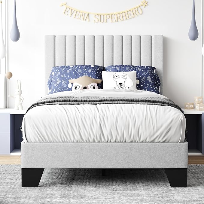 Twin Bed Frame, Fabric Upholstered Platform Bed Frame with Adjustable Headboard, Vertical Quilted Design, Sturdy Slatted Mattress Base, Easy to Assemble, Light Gray