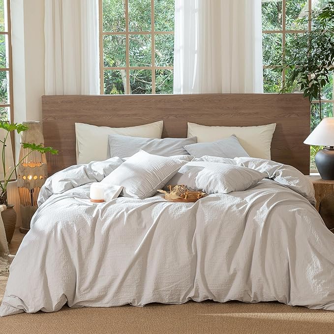 MooMee Wavy Striped Duvet Cover Set 100% Washed Cotton Linen Like Textured Breathable Durable Soft Comfy (Light Grey, Palatial King/Oversized King 120"x98")