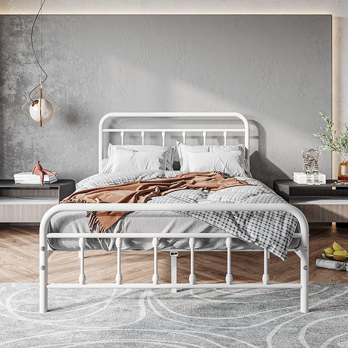 Vintage Full Size Bed Frame with Headboard and Footboard Mattress Heavy Duty Metal Platform Bed Frame Steel Slat Support (Full, White)