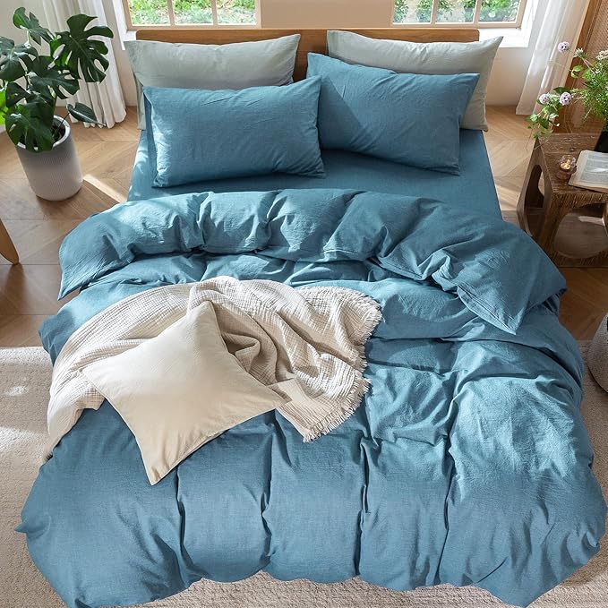 MooMee Bedding Duvet Cover Set 100% Washed Cotton Linen Like Textured Breathable Durable Soft Comfy (Heathered Peacock Blue, Queen 90"x90")