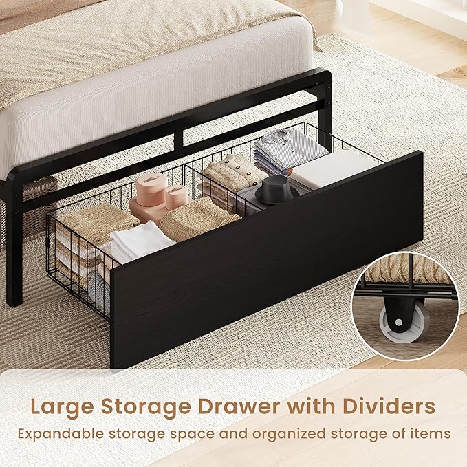 LIKIMIO Twin Bed Frames with Storage Drawer, Charging Station and LED Lights, Twin Bed Frame with 43" Headboard, No Box Spring Needed, Easy Assembly for Teen Room, Small Apartment, Bedroom, Black