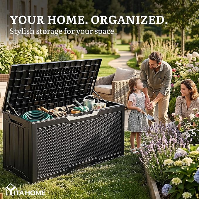 YITAHOME 80 Gallon Outdoor Storage Box, Large Water Resistant Resin Deck Box, Indoor Outdoor Lockable Rattan Storage Container for Patio, Garden, Cushions, Tools, Equipment (Black)