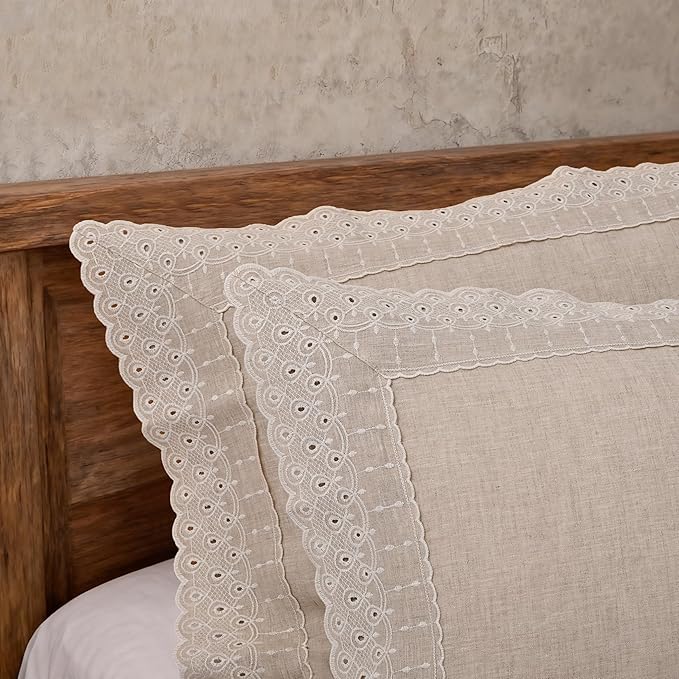 CHUFFED 100% French Linen Pillowcases with Embroidery Lace,French Vintage Style Stone Washed Breathable Pillow Covers King Size Set of 2 with Envelope Closure for Decor,20x36 inches, Natural Linen