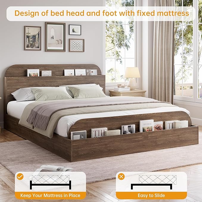 Garvee Full Size Bed Frame with Storage Headboard and Raised Footboard – Wooden Full-Floor Low Platform Bed for Bedroom, Heavy Duty & Noise Free, No Box Spring Needed, Walnut