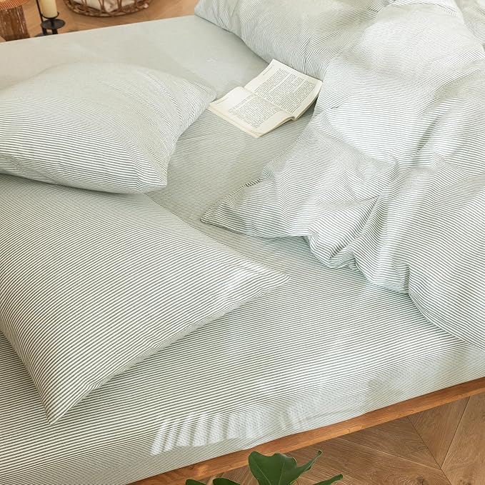 MooMee Striped Duvet Cover Set 100% Washed Cotton Linen Like Textured Breathable Durable Soft Comfy (Sage Green White Pinstripes, Twin 68"x90")