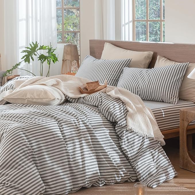 MooMee Striped Duvet Cover Set 100% Washed Cotton Linen Like Textured Breathable Durable Soft Comfy (Dark Grey White Classic Stripes, Queen 90"x90")