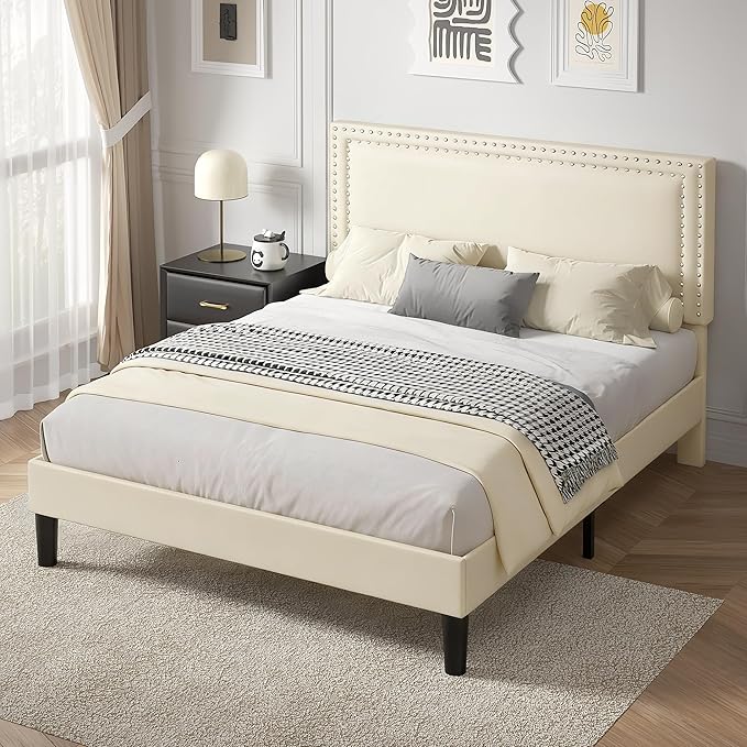 VECELO Queen Size Platform Bed Frame with Height Adjustable Upholstered Headboard, Modern Mattress Foundation,Strong Wood Slat Support, No Box Spring Needed, Easy Assembly,Beige