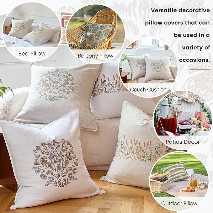 Simple&Opulence 100% Linen Euro Shams 26'' x 26'' Pack of 2, Embroidery Rosefinch Design Natural Flax Farmhouse Decorative Square Throw Pillow Covers for Bed Couch Sofa - Linen