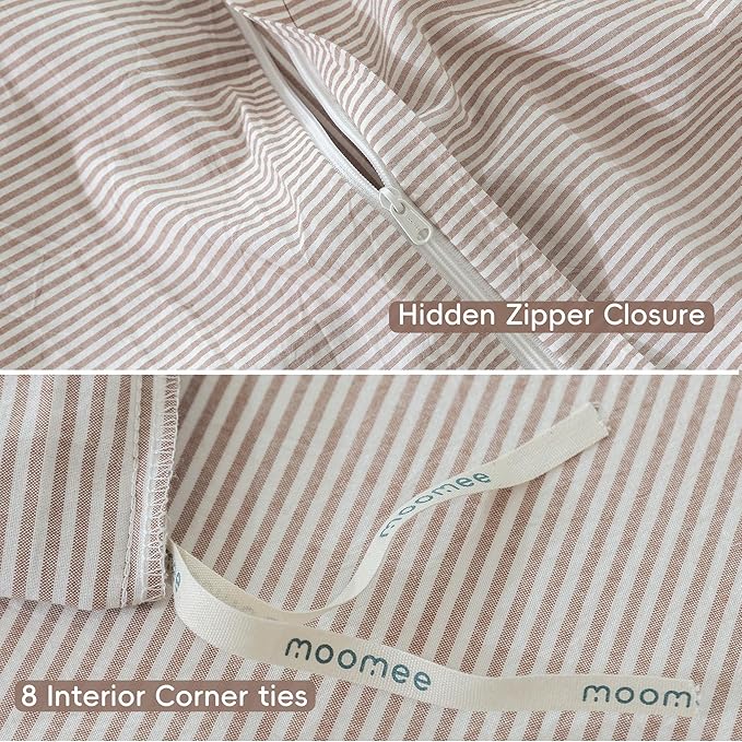MooMee Striped Duvet Cover Set 100% Washed Cotton Linen Like Textured Breathable Durable Soft Comfy (Orange Pinstripes, Oversized Queen 98"x98")