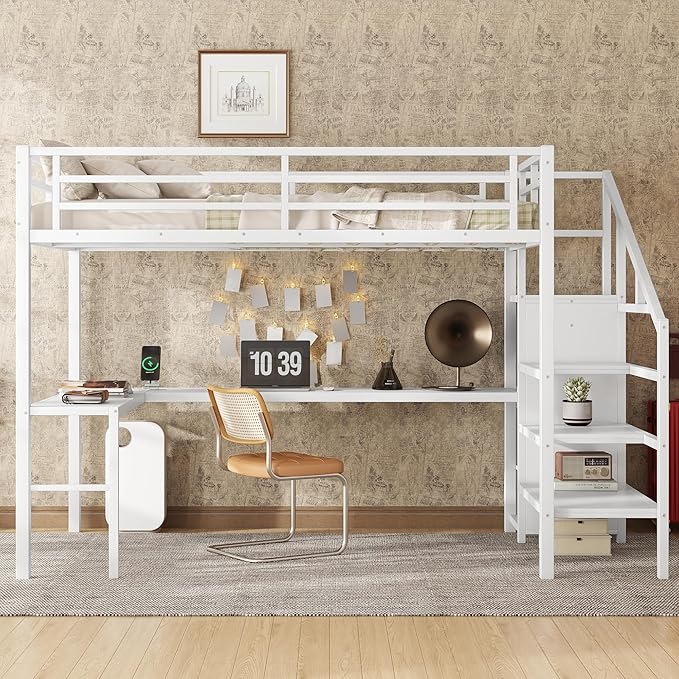 Full Size Loft Bed with Desk and Wardrobe, Metal Heavy Duty Loft Bed with Storage Stairs, LED Lights, USB Port, LoftBed Frames for Kids, Junior, Space Saving, Noise Free (White, Full)