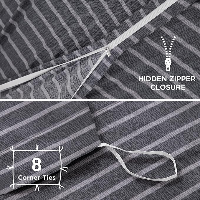 TOCOMOA Striped Duvet Cover Set 100% Natural Cotton Soft Comfy Breathable 3 Piece Grey and White Pattern Printed Comforter Cover Bedding Set (Queen 90"x90", Comforter Not Included)