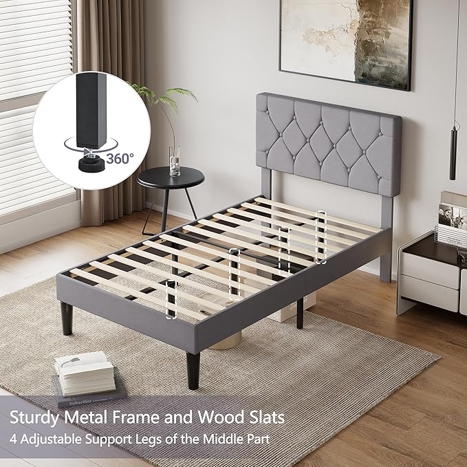VECELO Twin Size Bed Frame with Button Tufted Headboard, Upholstered Platform Bedframe with Wood Slat Support, No Box Spring Needed, Velvet & White