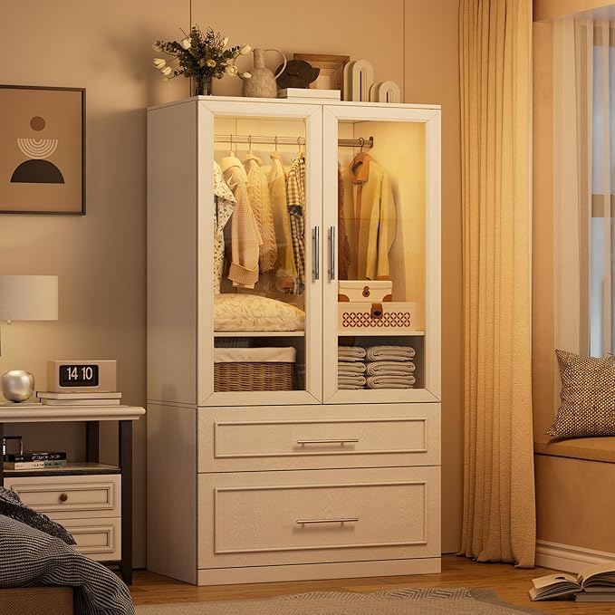 PAKASEPT Armoire Wardrobe Closet with Glass Door and Drawers, Bedroom Closet Wardrobe Cabinet with Hanging Rod, Lighted Freestanding Armoire Storage Cabinet for Bedroom Cloakroom White