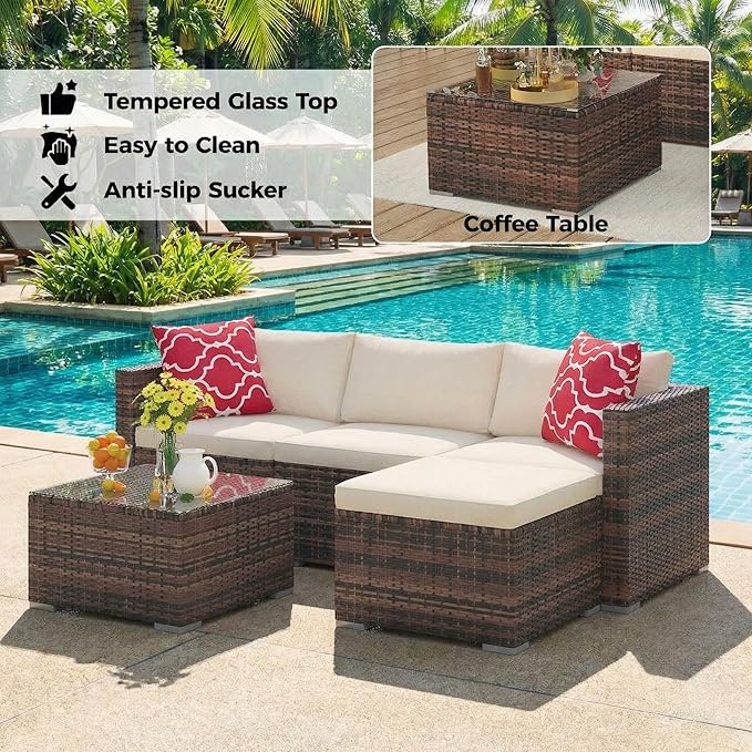 5-Piece Patio Sectional Sofa Set, All-Weather Brown PE Rattan Outdoor Conversation Furniture with Neutral-Tone Cushions, Glass Coffee Table & Footstool, Modular Design for Garden, Porch, Balcony, Pool