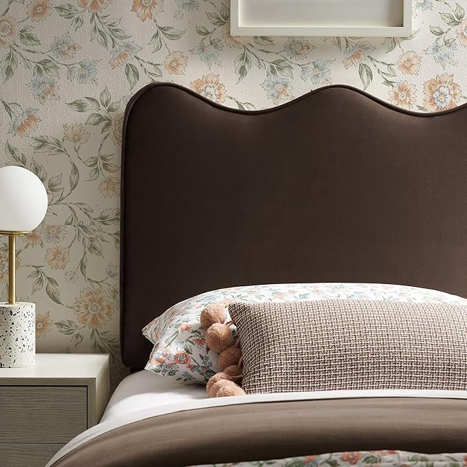 Monday Athena Twin Size Performance Velvet Adjustable Headboard in Chocolate Brown - with Scalloped Wave Design and Stain-Resistant Velvet Upholstery