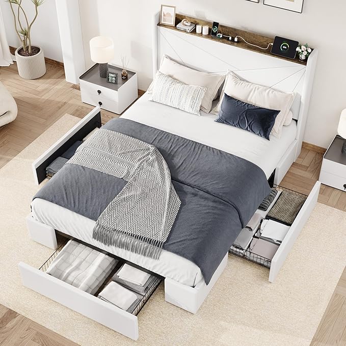 Allewie Full Size Velvet Bed Frame with 3 Storage Drawers, Upholstered Platform Bed with Wingback Storage Headboard and USB Ports, No Box Spring Needed, Easy Assembly, White