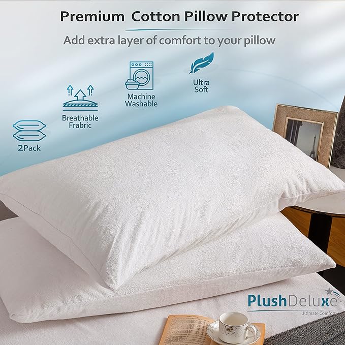 PlushDeluxe Pillow Protectors Queen Size 20”x32”, Set of 2 Zippered Pillow Encasements Made with Breathable Soft Cotton Terry Fabric, 100% Waterproof, Hypoallergenic, Bed Bug & Dust Mite Proof