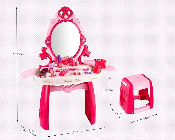 Toddler Vanity Makeup Table Toy with Mirror&Chair，Kids Vanity Set with Light&Music、Pretend Play Makeup Accessories with Hair Dryer Toy，Gift for Girls and Toddlers2 3 4 5 6Years Old