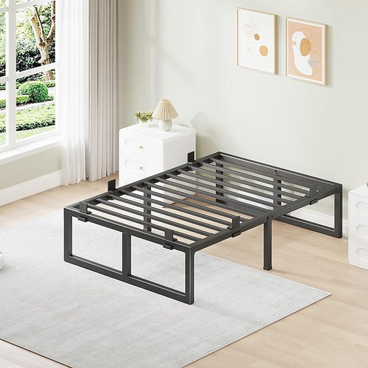 Twin Bed Frames, 16 Inch Metal Platform Bed Frame with Squeak Free U-Slot Design, 6 Non-Slip Guards, 3500lbs Heavy Duty Steel Slat Support, No Box Spring Needed, Under Bed Storage, Black