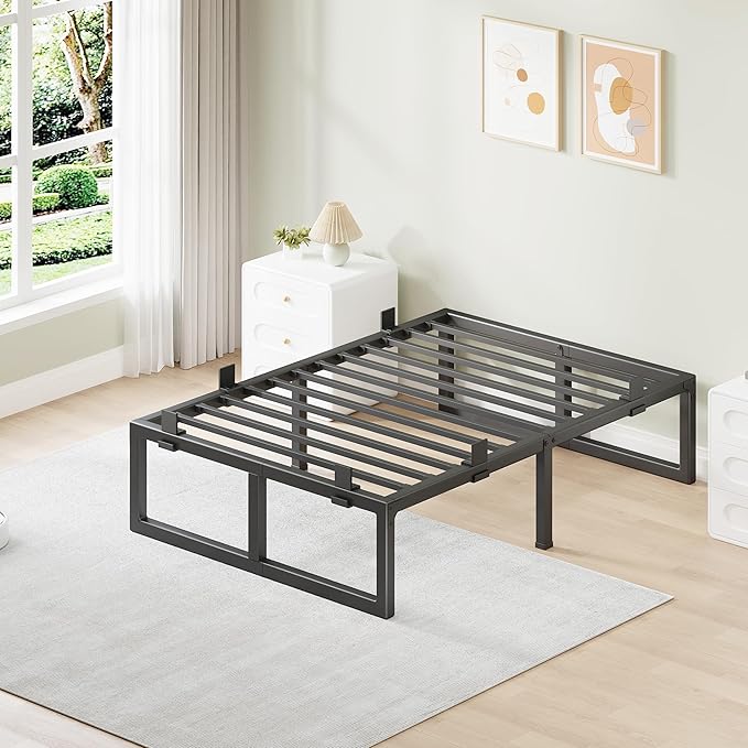 Twin XL Bed Frame, 18 Inch Metal Platform Bed Frames with Squeak Free U-Slot Design, 6 Non-Slip Guards, 3500lbs Heavy Duty Steel Slat Support, No Box Spring Needed, Under Bed Storage, Black