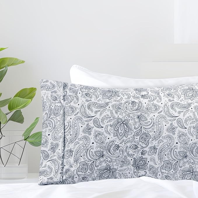Elegant Comfort Luxury Ultra-Soft 2-Piece Pillowcase Set - 1500 Premium Hotel Quality Microfiber Double Brushed - Wrinkle Resistant, Standard/Queen, Paisley Pattern Navy Blue