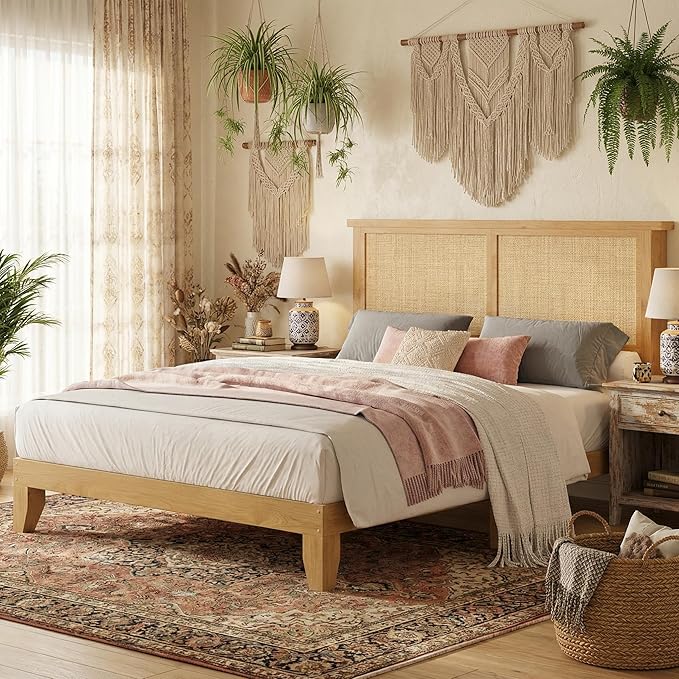 IDEALHOUSE Rattan Bed Frame Full Size with Natural Rattan Headboard & LED Lights, Wood Full Bed Frame with Solid Wood Foundation, No Box Spring Needed, Natural