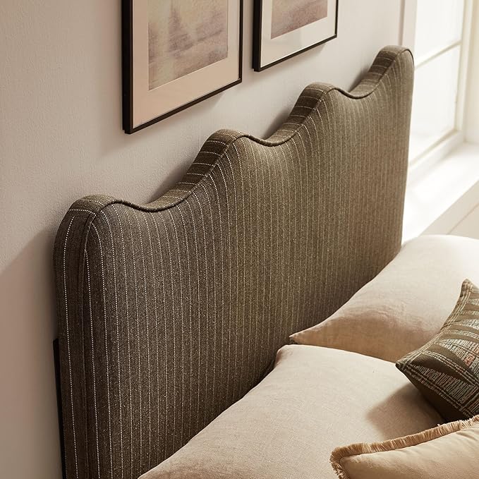 Monday Athena Striped Fabric Upholstered Full Size Adjustable Headboard in Earth Stripe - with Scalloped Wave Design and Soft Linen-Like Fabric