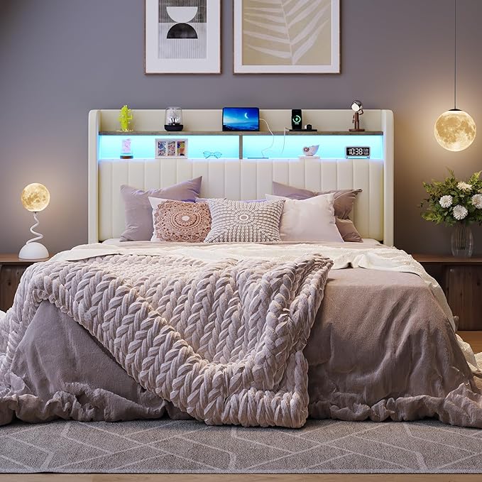 SHA CERLIN Queen Size Lift Up Storage Bed Frame/LED Lights/Charging Station/2-Tier Shelves Headboard/USB,Type-C Ports/Velvet Upholstered/Hydraulic Support/No Box Spring Needed/Noise Free/Cream