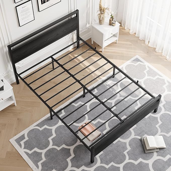 HOJINLINERO Full Size Bed Frame with Headboard,Platform Metal Bed Frame Full Size,Black Wood Bed Frame No Box Spring Needed Heavy Duty Metal Slats Support,Mattress Beds Base,Noise Free,Easy Assembly