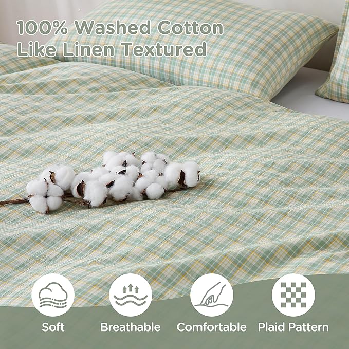TOCOMOA Plaid Duvet Cover Set 100% Washed Cotton Like Linen Feel Super Soft Comfy 3 Piece Green and Yellow Gingham Checkered Bedding Comforter Cover Set (King 104"x90", Comforter Not Included)