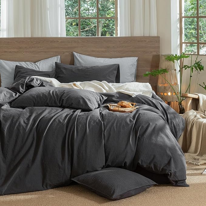 MooMee Wavy Striped Duvet Cover Set 100% Washed Cotton Linen Like Textured Breathable Durable Soft Comfy (Charocal Grey, King 104"x90")