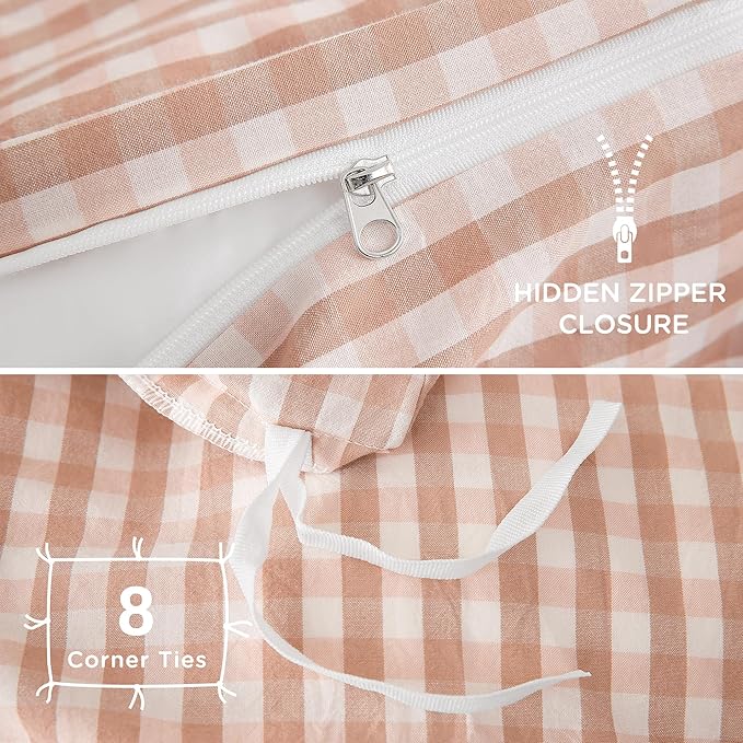 TOCOMOA Pink Tan Gingham Duvet Cover Bedding Set 100% Washed Cotton Like Linen Feel Super Soft Comfy 3 Piece Vintage Plaid Checkered Fall Comforter Cover Set (Queen 90"x90", Comforter Not Included)
