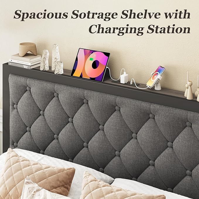 Fluest Queen Bed Frame with 2 Storage Drawers, Upholstered Headboard Button Tufted Bed Frame with Charging Station, No Box Spring Needed, Noise-Free, All Metal Structure, Grey
