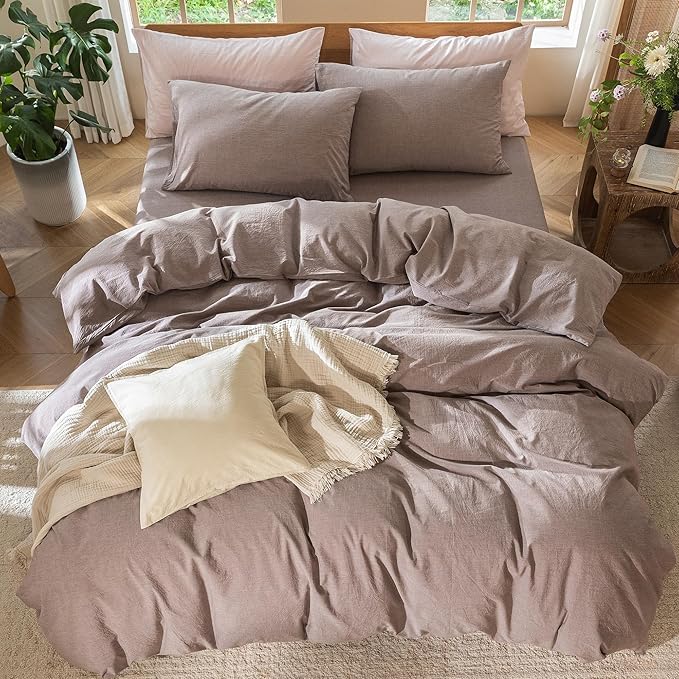 MooMee Bedding Duvet Cover Set 100% Washed Cotton Linen Like Textured Breathable Durable Soft Comfy (Heathered Mauve Brown, Alaska King 132"x120")