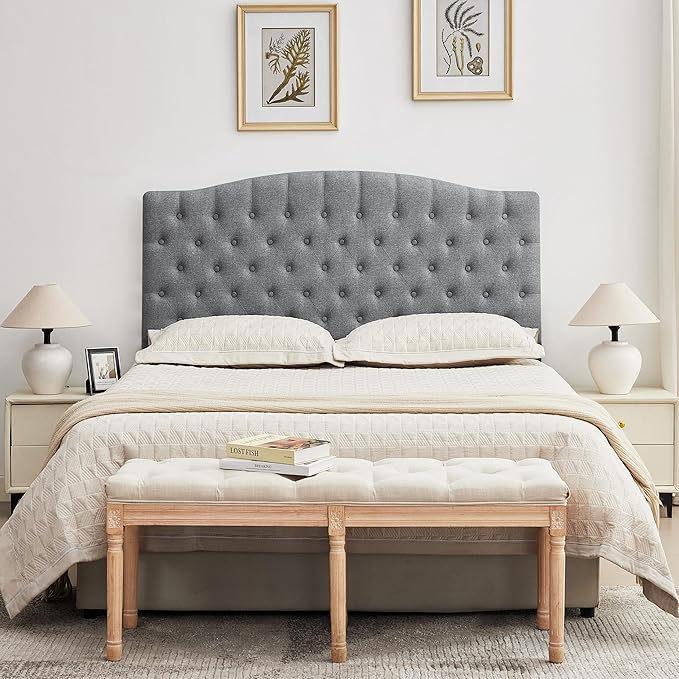 Tufted Upholstered Tall Headboard Queen Size, Sturdy and Durable Solid Wood Bed headboards, Comfortable Linen Fabric Queen Headboard Only, Modern Luxury Button Diamond Design Head Board, Grey