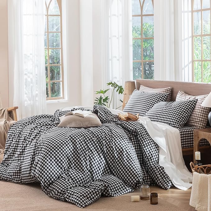 MooMee Gingham Duvet Cover Set 100% Washed Cotton Linen Like Textured Breathable Durable Soft Comfy Modern Checkered Design (Black White Gingham, King 104"x90")