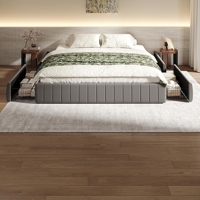 SHA CERLIN King Size Velvet Upholstered Platform Bed Frame with 4 Storage Drawers, Vertical Channel Tufted, Low Profile, Fits Standard Headboards, Wooden Slats Support, Easy Assembly, Grey